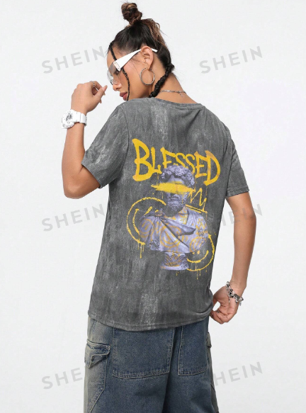 Eljasssss Retro Street Loose Short Sleeve Crewneck Tee With Stir-Fried Snowflake Print, Suitable For Summer