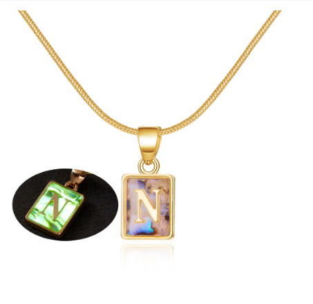18K Gold 26 Letter Square Colorful Nightlight Pendant Snake Bone Chain Necklace English Letter Pendant Necklace N