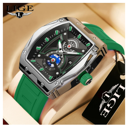 LIGE Business Relo Men Original Fashion Steel Solid Square WristWatch Casual Sport Waterproof Luminous Quartz Watch GREEN