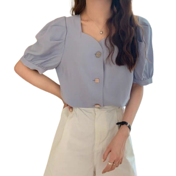 Lovito Casual Plain Button Puff Sleeve Blouse for Women LNA09197 (Pale Blue)