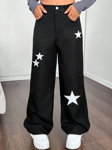 SHEIN Teen Girl's Woven Black Star Patched Casual Straight Leg Pants