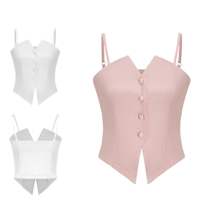 Lovito Women Button Tweed Tank Top L62ED056 (White/Pink)