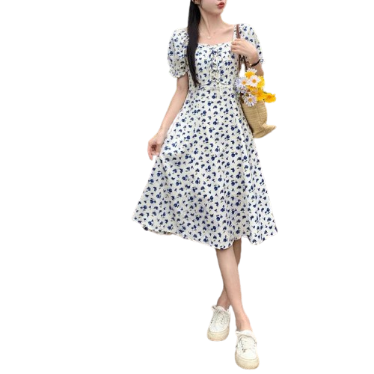 Lovito Women Casual Ditsy Floral Tie Front Dress LNA38083 (Blue)