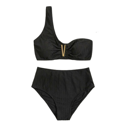 Lovito Women Sexy Plain Texture Metal Asymmetrical Round Bikini Tops LNL36155 (Black)