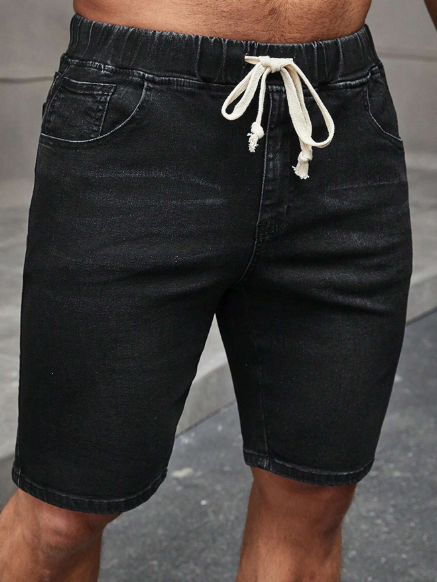 Manfinity Homme Men's Drawstring Waist Slant Pocket Denim Shorts Jorts Plain Black Going Out Basic