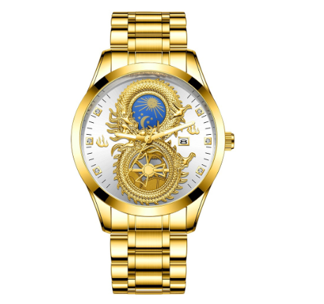 Original Luxury Gold Stainless Steel Waterproof Men's Watch Calendar Golden Dragon Phoenix Couple Sports Watch M3