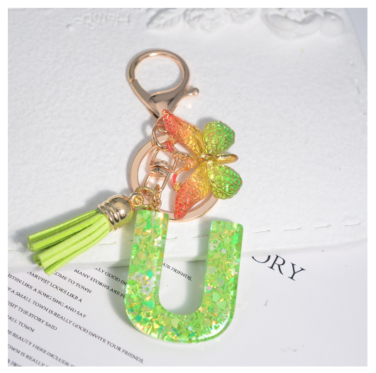 Glitter Green 26 Letter Resin Keychain Fashion Sequin Filled A-Z Alphabet Keyrings For Women Car Key Holder Accessories Souvenir U
