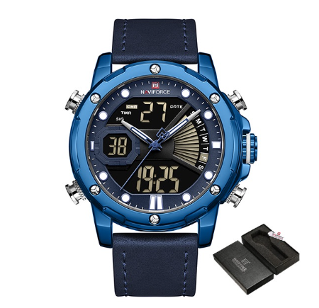 Naviforce Men's Top Luxury Brand Military Men Watch Led Digital Leather Sports Quartz Watches BLUE
