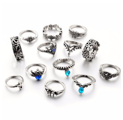 13Pcs/Set Women Bohemian Lotus Flower Horse Rhinestone Crystal Joint Rings