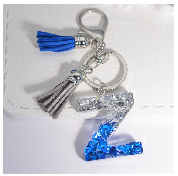 Exquisite 26 Initials A to Z Sea Glacier Resin Keychain Sequin Filling Keyring Blue Gray Tassel Pendant Handbag Accessories Gift Z