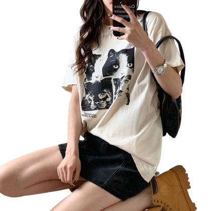 Lovito Casual Animal Cat T-Shirts for Women LNE16096 (White)