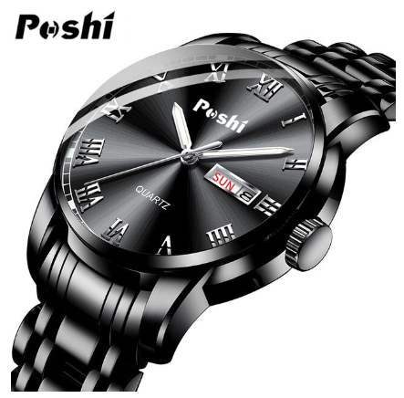 POSHI Original Men Wristwatch Automatic Week Calendar Waterproof Luxury Quartz Watch ALL BLACK