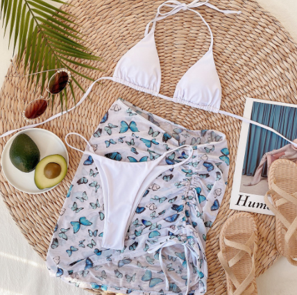 Women Ins Style Butterfly Print Mesh Drawstring Skirt Strap Halter Bikini Beachwear 3Pc Set