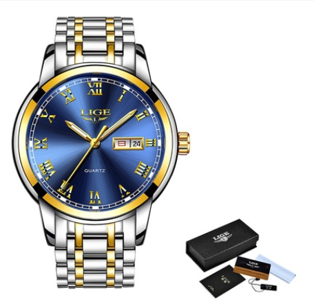 LIGE Watch For Couple Original Waterproof Stainless Steel Silver/Gold Fashion Business Trend Calendar Luminous Watches STEEL GOLD BLUE