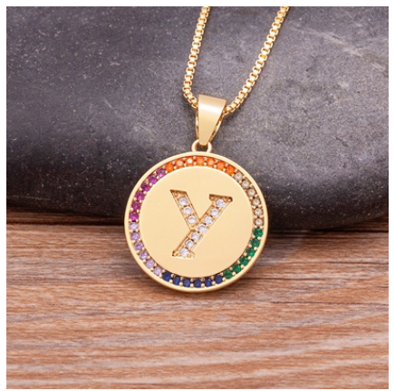 New Arrival Luxury A-Z Initial 26 Letters Pendant Charm Chain Necklaces High Quality Zircon Rainbow Jewelry Y