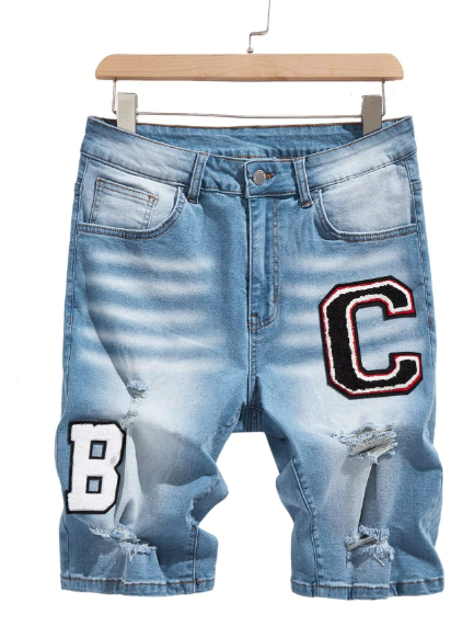 Manfinity LEGND Men's Letter Patch Ripped Casual Denim Shorts With Pockets
