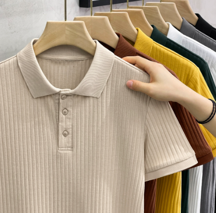 Korean Striped Texture Short Sleeve Polo Shirt For Men