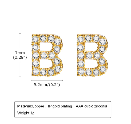 Vnox Gold Zircon Cubic Letter Stud Earrings,Initial Alphabet Small Hypoallergenic Earring One Pair B