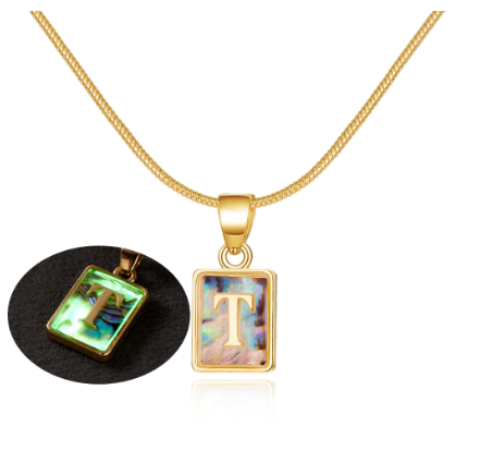 18K Gold 26 Letter Square Colorful Nightlight Pendant Snake Bone Chain Necklace English Letter Pendant Necklace T