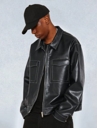 SUMWON PU Boxy Jacket With Contrast Stitching