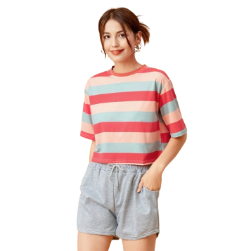 Lovito Casual Color Striped Round Neck Crop Half Sleeve Basic T-Shirt For Women L05250 (Pink)