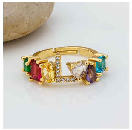 Hot Sale Adjustable A-Z 26 Initial Ring Bohemian Copper Zircon Rainbow Letter Rings for Women Girls Jewelry L