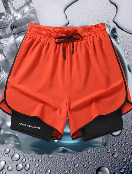 Manfinity Sporsity Men Color Blocking Drawstring Waistband Summer Sports And Leisure Shorts With Underlayer, Suitable For Cycling