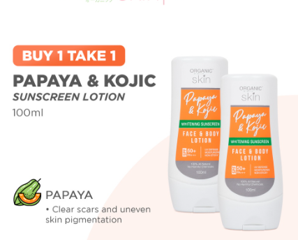 Organic Skin Japan Papaya Kojic Whitening Lotion Sunscreen Face Body Lotion Skin Care Set of 2