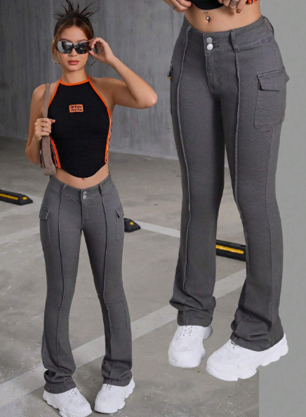 SHEIN Teen Girls Y2K Trendy Retro Style Grey Flap Detail Seam Detail Low-Waist Jeans Pants,Girls Fall Clothes Back To School Outfits