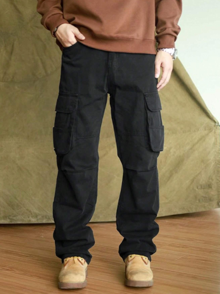 Manfinity Hypemode Loose Fit Men's Solid Color Flip Pocket Long Pants Baggy Cargo Plain Black Going Out