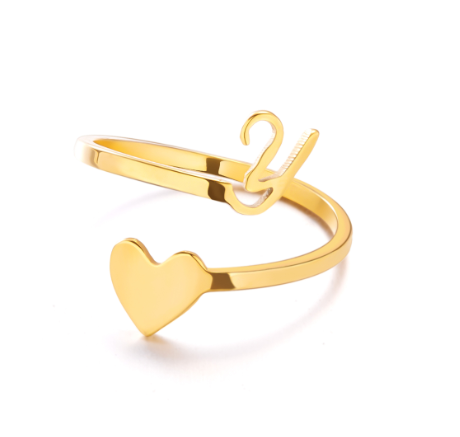 Gold Stainless Steel A-Z Rings Initial Letters Heart Rings Women Fashion Non Fading Jewelry Adjustable Y
