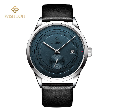 WISHDOIT Watch For Men Original Waterproof Leather Strap Business Fashion Luminous Automatic Mechanical Wristwatch NAVY BLUE