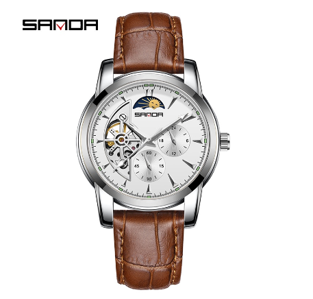 Sanda Premium Commercial Steel Strap Three Hand Water Resistant Luxury Quartz Watch SILVER WHITE LEATHER STRAP