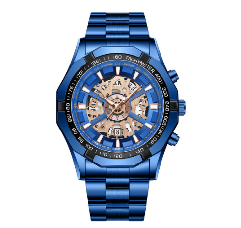 Binbond 100% Original Fashion Hollow Luxury Stainless Steel Waterproof Men's Business Watch Blue automatic Quartz wrist watch for men M3