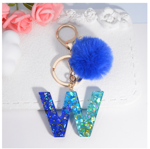 Exquisite Blue Pompom A-Z 26 Letter Keychain Glitter Heart Sequin Filled Initials Keyrings Bag Accessories Charm Car Keyholder W