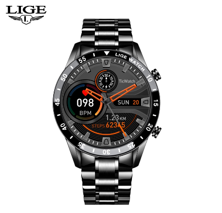 LIGE Smart Watch Men Bluetooth Call Watch IP67 Waterproof Sports Fitness Watch For Android IOS Smart Watch STEEL BLACK