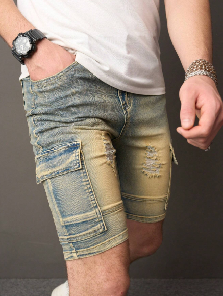 Manfinity LEGND Men's Simple Casual Ripped Cargo Denim Shorts