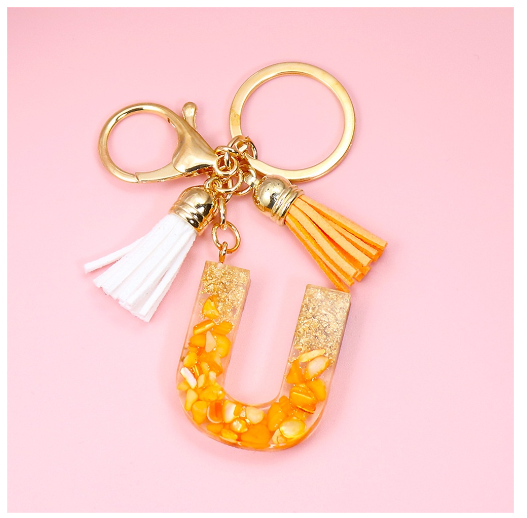 Tassel Gold Foil A-Z 26 Letter Pendent Keychain for Women Orange Resin Keyrings Girls Bag Ornamant Accessories Charms Gifts U