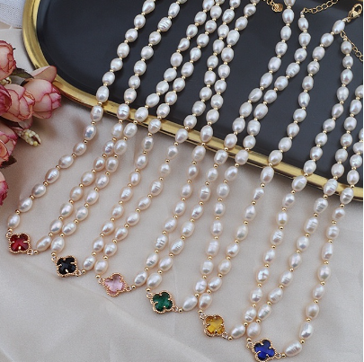 Pearl Necklace Four Leaf Clover Clasp for Women