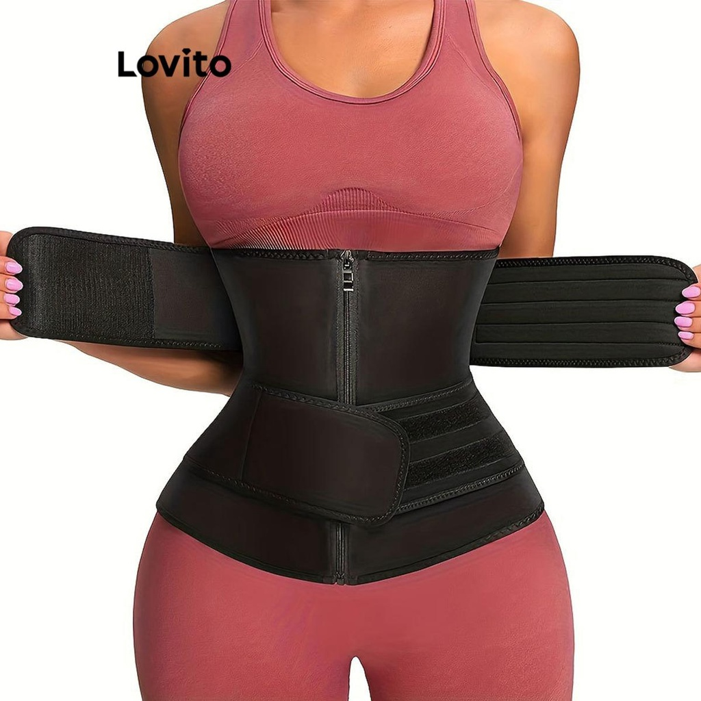 Lovito Women Sporty Plain Zipper Shapewear LNE39476 (Black)