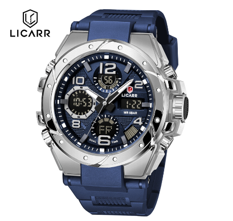 LICARR Brand Casual Men's Watches Original Waterproof Military Sport Men Watch Fashion Chrono Date Week Alarm Clock 9515 SILVER BLUE