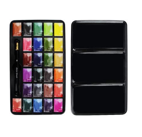 SeamiArt 26color Artist Grade Full Pan Solid Watercolor Tin Box Set with 1pc Portable Travel Paint Brush