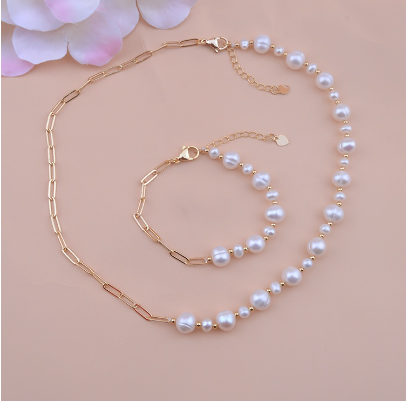 Natural freshwater pearl bracelet necklace copper plated gold  set