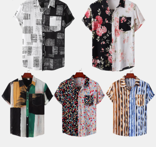 Men's Cotton Loose Casual Hawaiian Beach Short Sleeve Floral Shirt Plus Size Button Up Lapel Contrast Panel Printed Shirt
