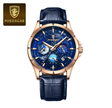 POEDAGAR chronograph watch for men waterproof original multifunctional genuine leather calendar luminous Watch ROSEGOLD BLUE