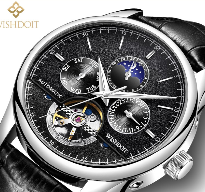 WISHDOIT Watch For Men Original Waterproof Leather Strap Business Fashion Luminous Automatic Mechanical Wristwatch  SILVER BLACK