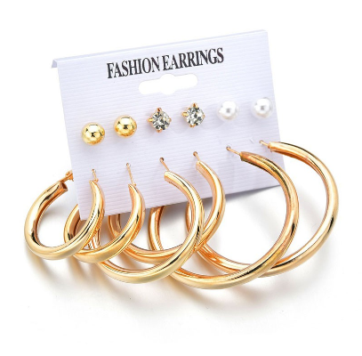 6Pairs/set Fashion Gold Big Circle Hoop Earrings Women Rhinestone Pearl Ear Stud