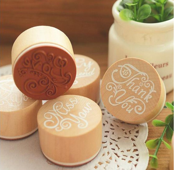 Love You Thank You Wooden Rubber Stamp DIY Letter Stamp Floral Flower Pattern Craft Round for Scrapbook Retro Vintage Photo