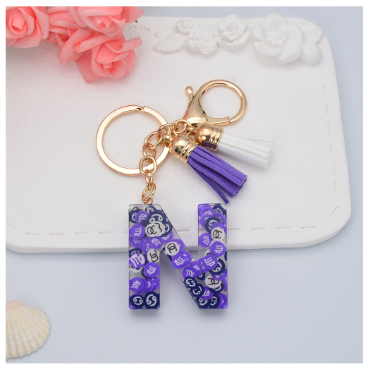 New 26 Letters Constellation Symbol Slice Resin Keychain Charms Women Handbag Ornaments With Tassel Key Ring Accessories Gift N