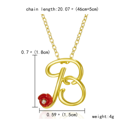 Fashion 26 Letter Necklace Ladies Red Rose Flower Clavicle Pendant Necklace Rhinestone Retro English Letter Necklace B